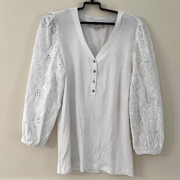 LOFT White Ribbed Button Down Henley with Embroidered Sleeves L - Picture 2 of 10